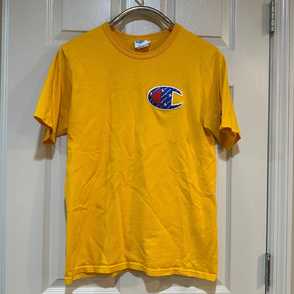 Champion Mens Big C Logo Script Fill T-Shirt Yellow Medium Short Sleeve‎ Tee - Picture 1 of 6